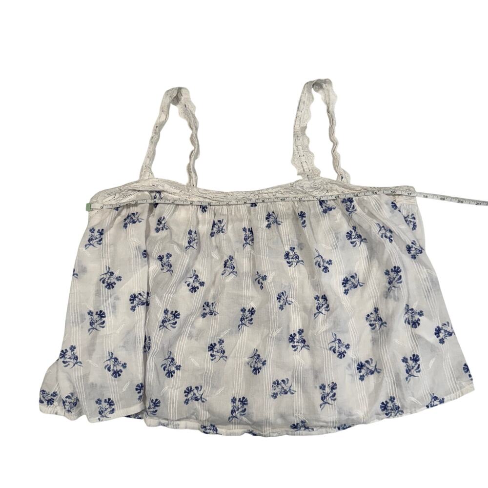 Joie White Blue Ditsy Floral Lace Strap Pintuck Crop Top Cottagecore M Cruise - Picture 6 of 12